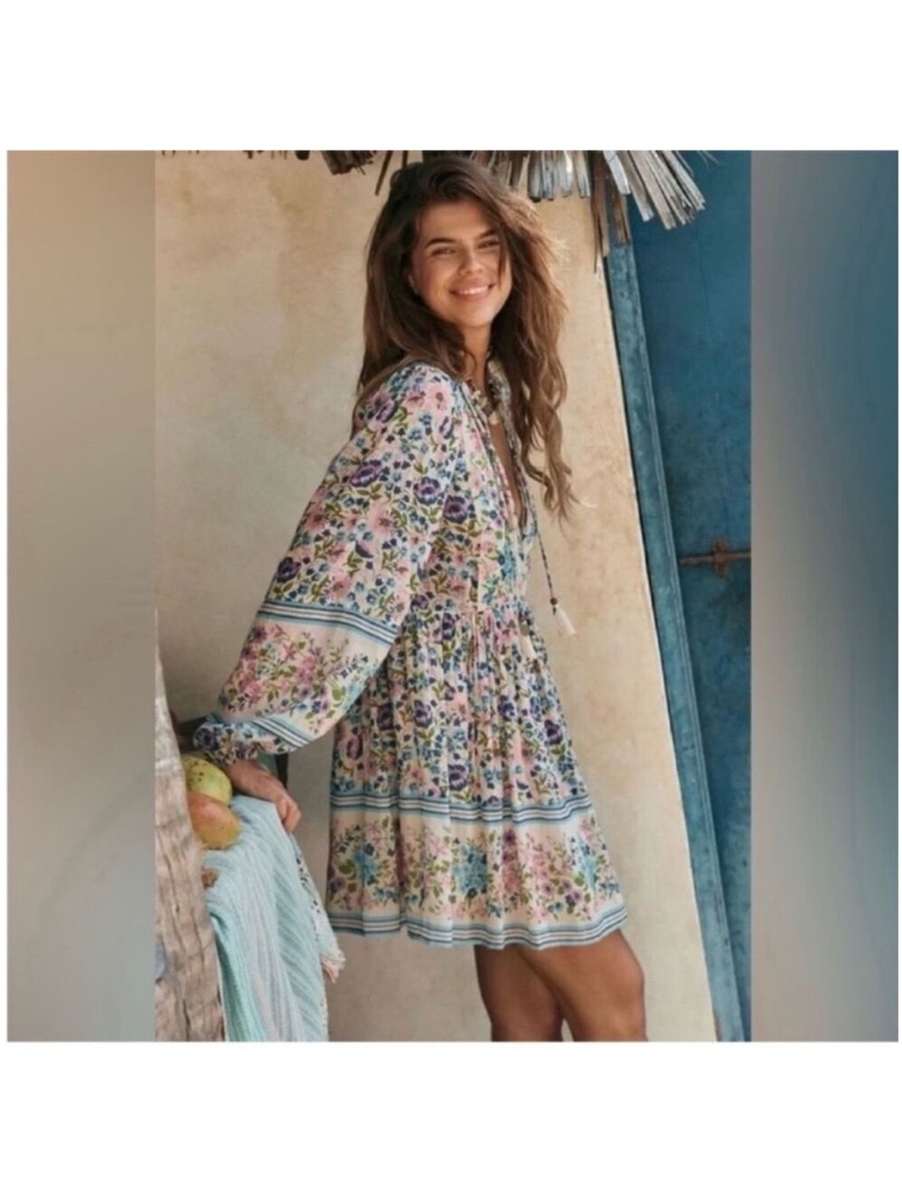 Spell Impala Lily Mini Dress Floral - Iris - V-Neck Long Sleeve